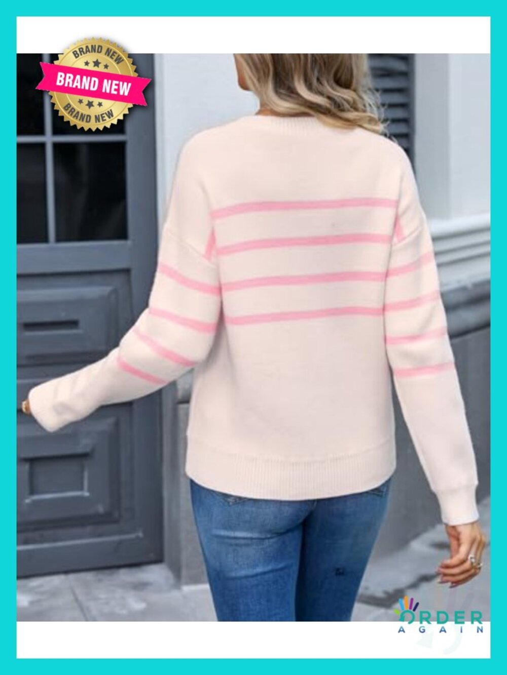 Oversized Crewneck Bow Striped Knit Pullover Sweater - Picture 4 of 4